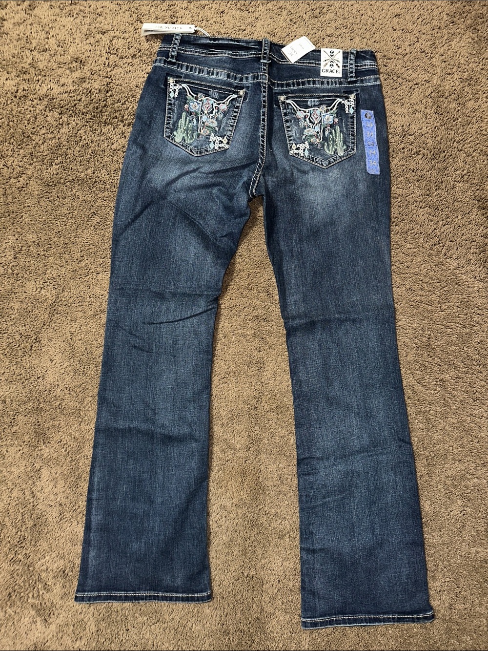 Grace in L.A. Women's Dark Blue Boot Cut Jeans with Multicolor Embroidery 34